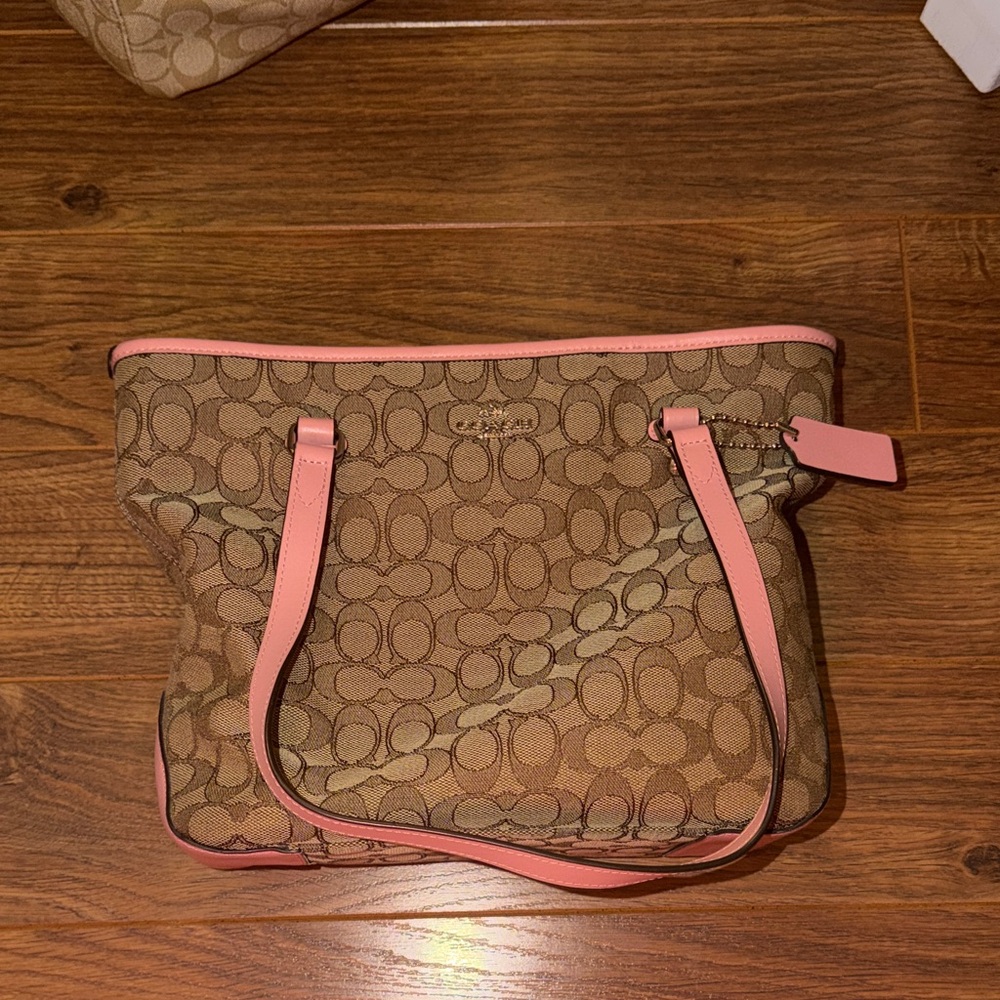 Coach Brown Canvas Tote with Pink Trim